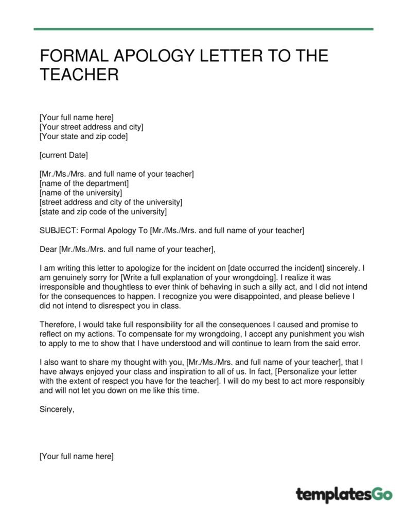 create an apology letter to teacher