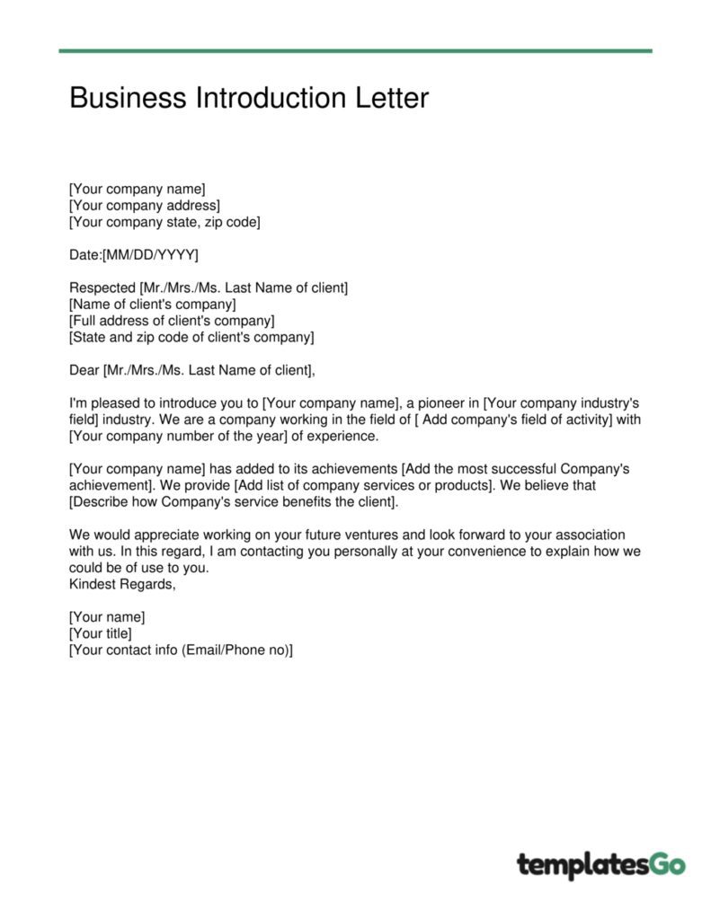 Standard letter of business introduction letter template for all kind of business