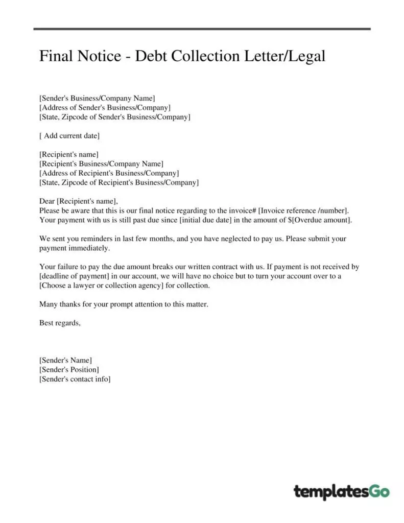 Final Notice - Collections/Legal Action debt collection letter sample