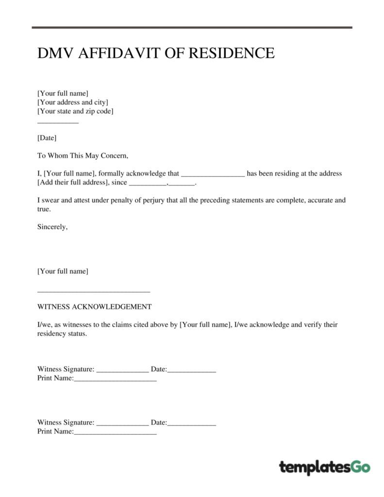 DMV affidavit of residence template