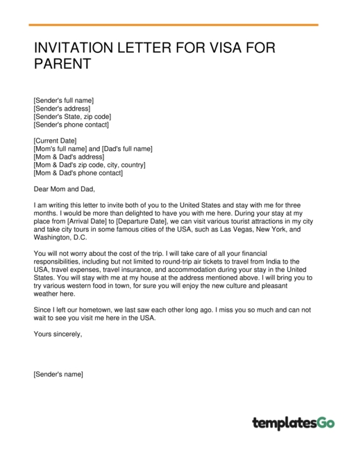 Invitation letter for visa for parent template