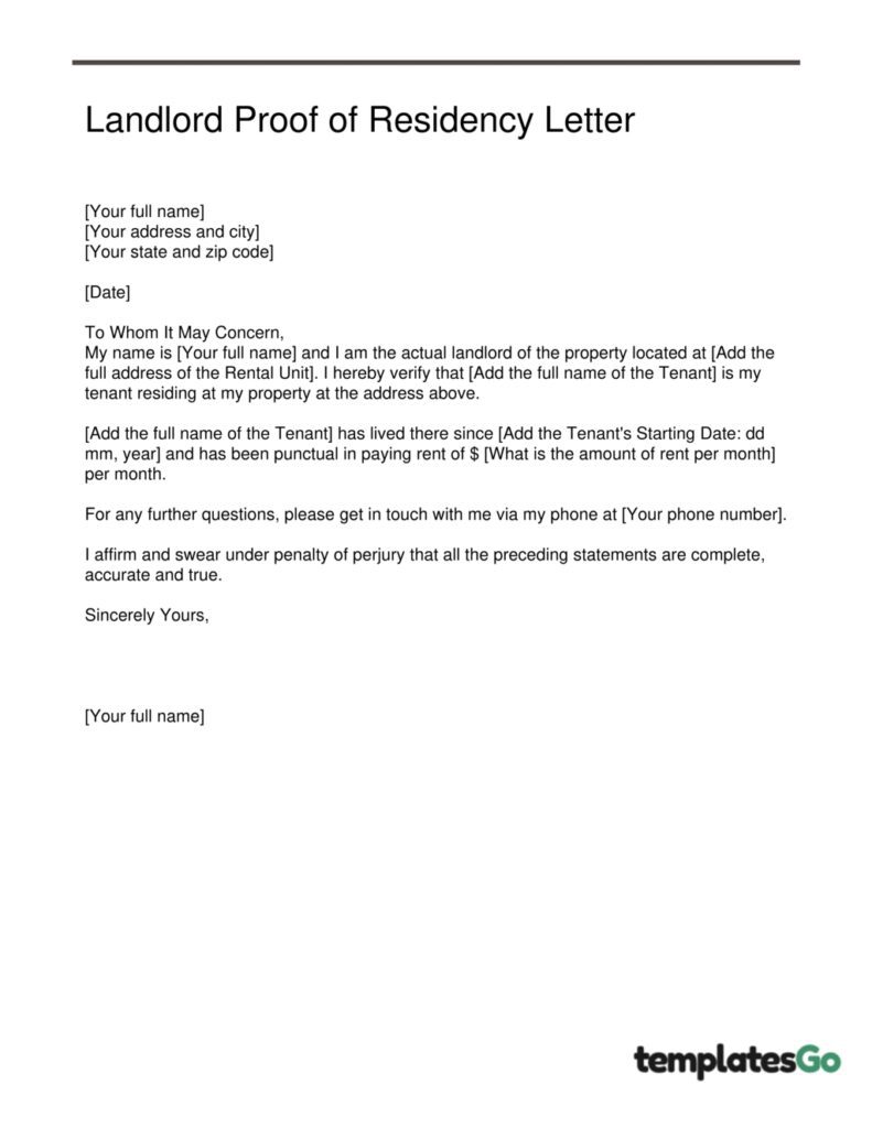 letter of proof of residency from landlord