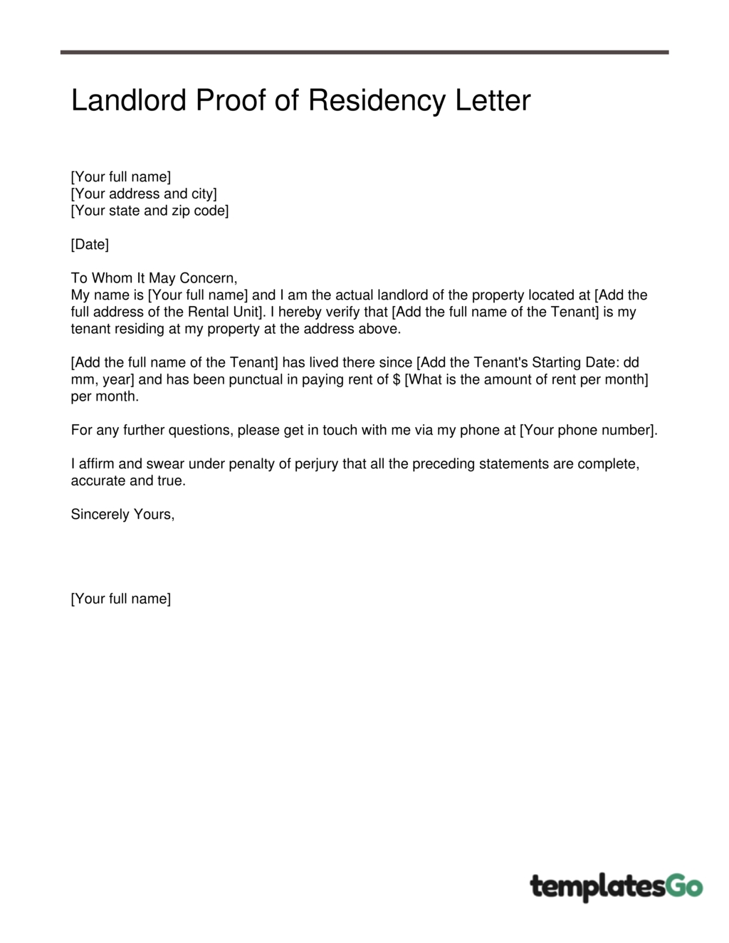 Proof Of Residency Letter 5 Legal Templates Landlord Proof Of Residency Letter Template Without Witness 1