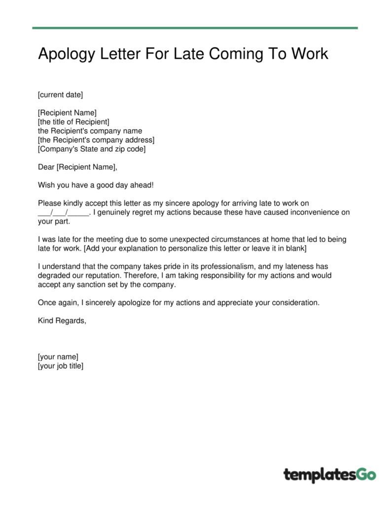 apology letter for coming late to work editable template