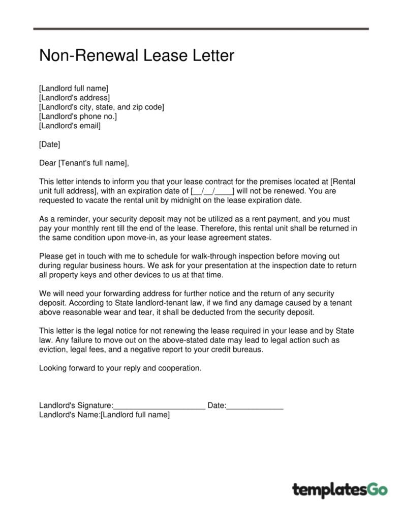 Non renewal lease letter from landlord