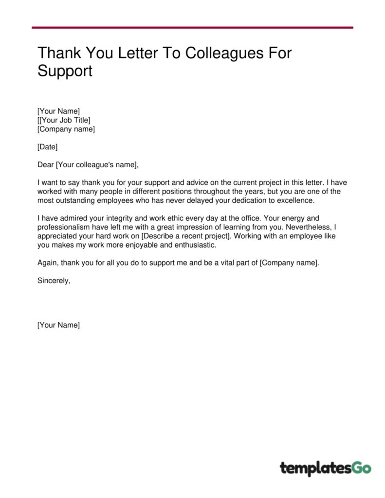 free template letter of thank you to a colleague