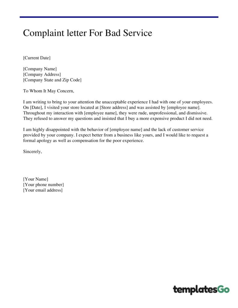 letter of complaint for bad service and employee template