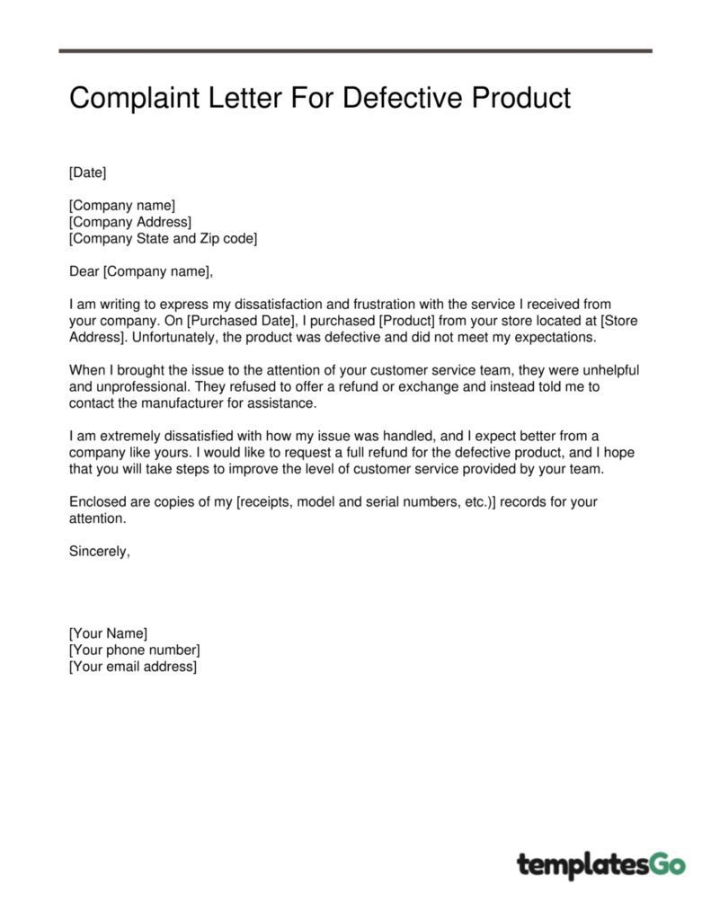 a template of complaint letter for defective product