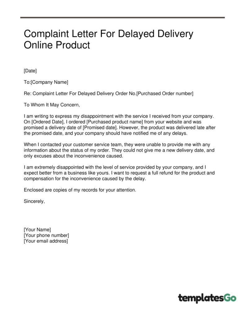 editable template of complaint letter for delayed delivery online product
