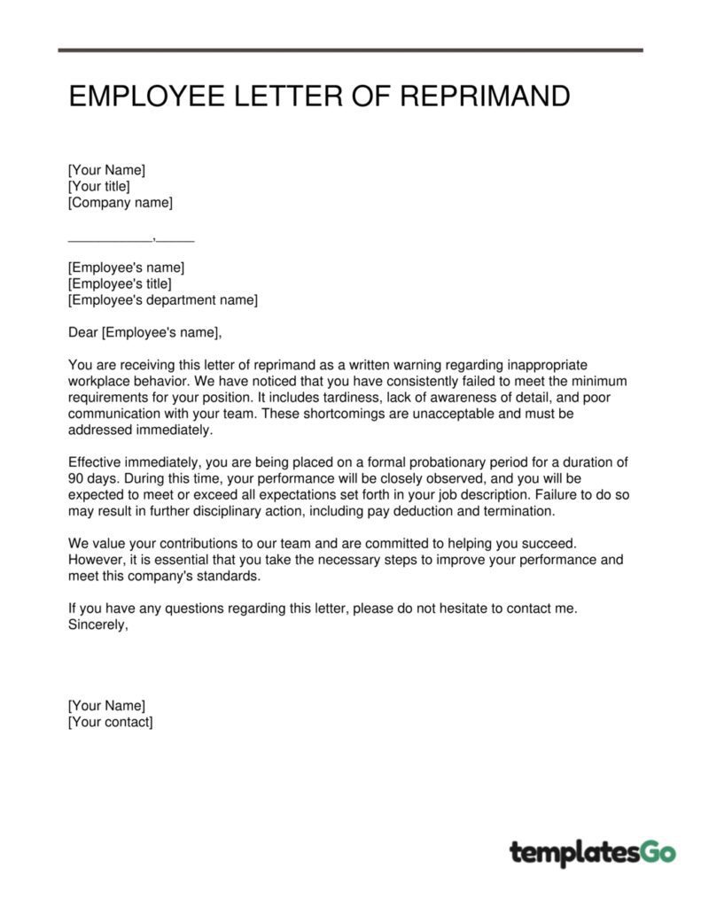 Simple Employee letter of reprimand template to edit