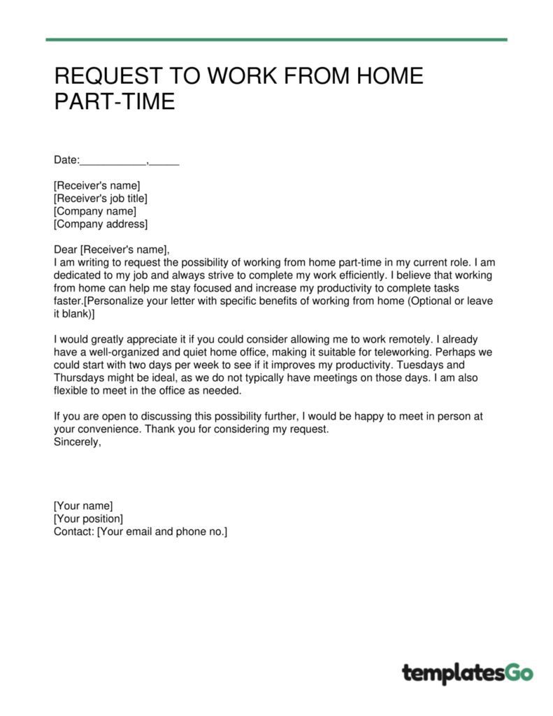 Letter To Ask For Work Remotely Part-Time Editable template