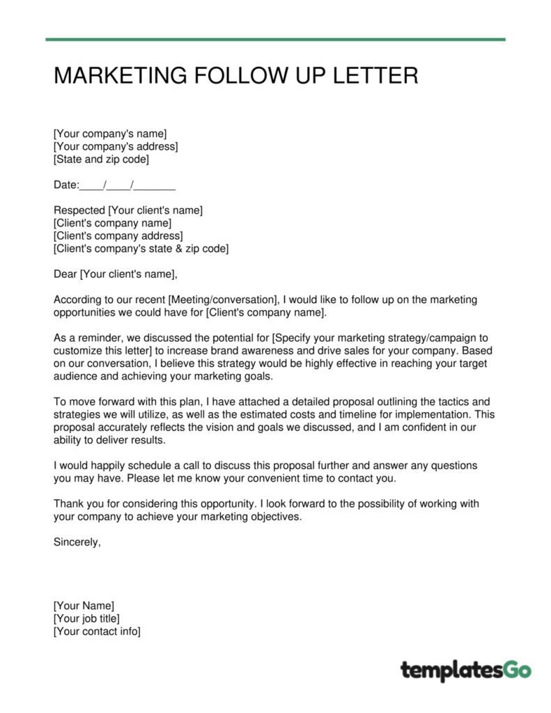 marketing follow up letter in business editable template