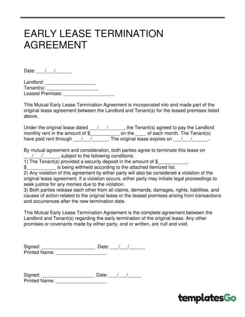 Mutual Early Lease Termination Agreement (for landlord and tenant)
