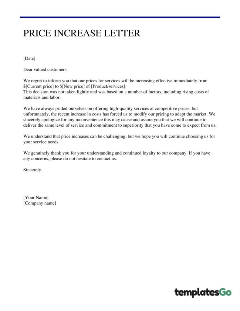 Price Increase Letter To Customers On Services Editable Template