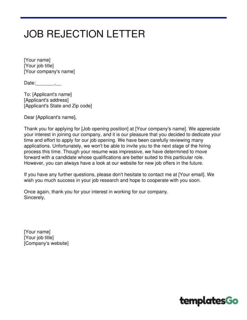 letter of offer rejection after interview template