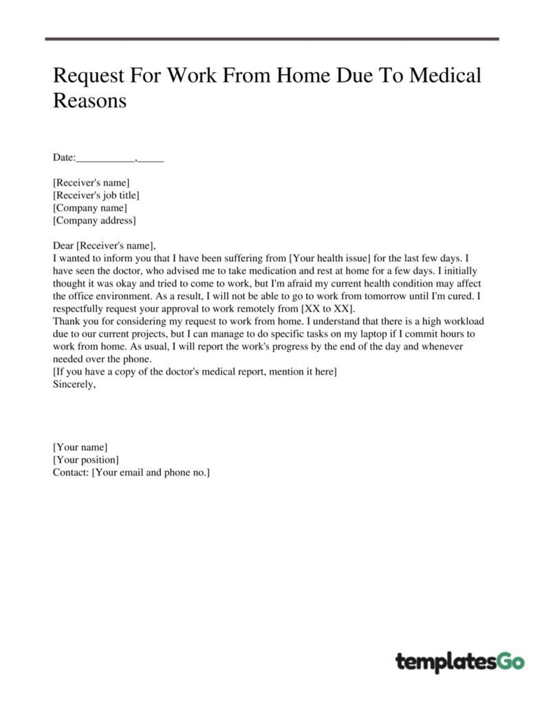 Letter request for work from home due to medical reasons, editable template to save time in writing