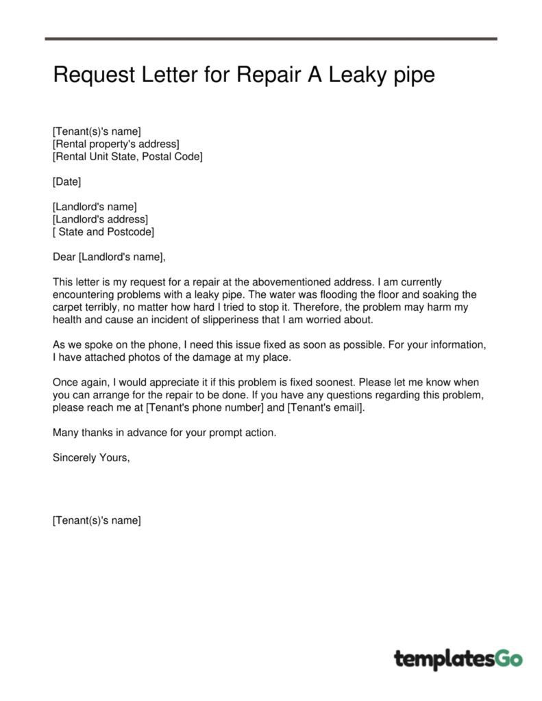 letter to Landlord for repairs a leaky pipe