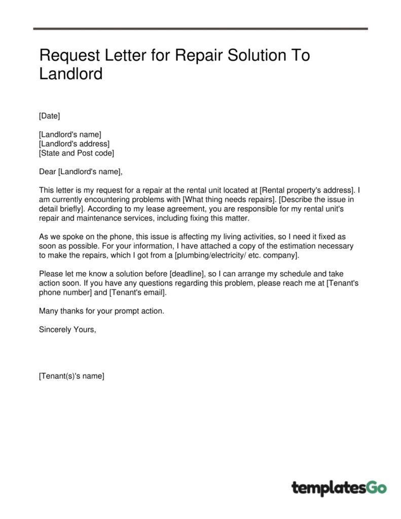Letter to Landlord for repairs Solution