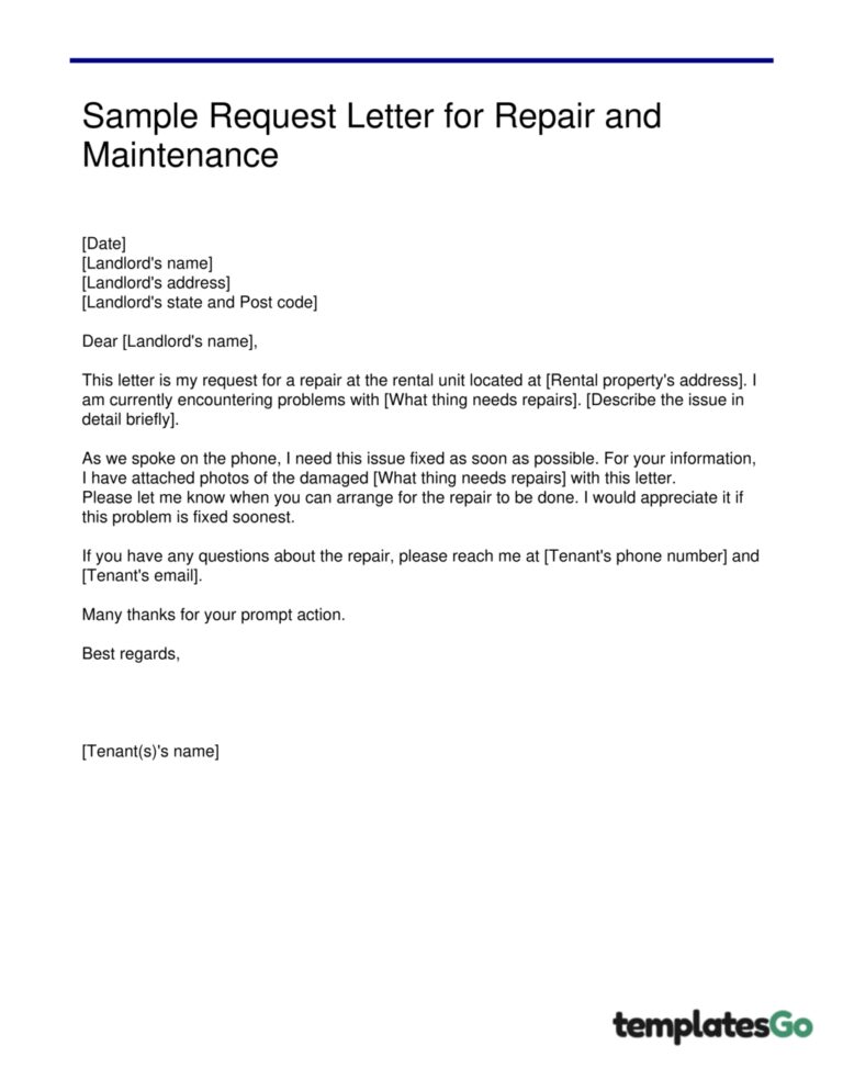 Free Letter To Landlord For Repairs Samples Templates