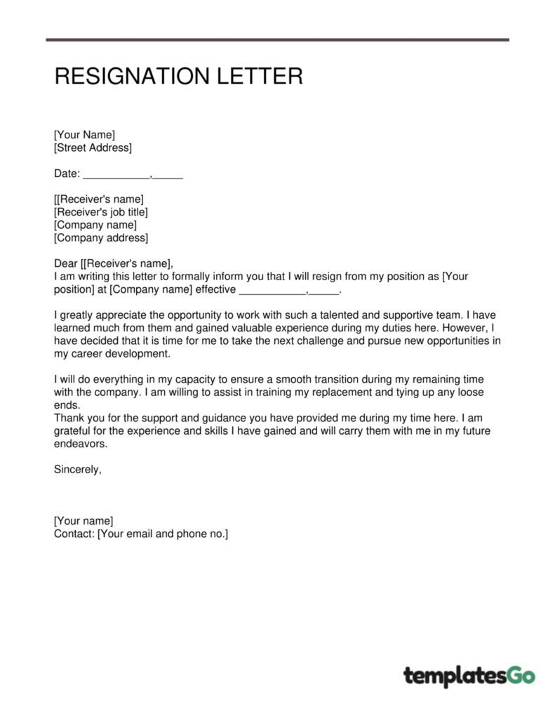 A simple editable resignation letter template