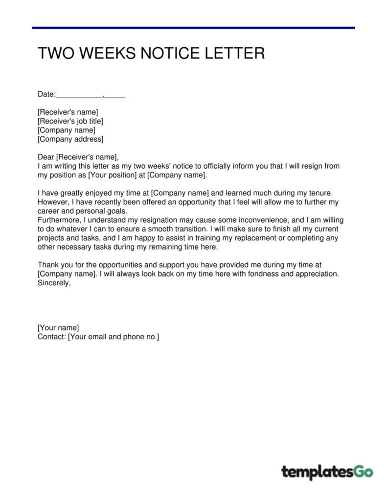 A professional two weeks notice letter editable template to create your letter