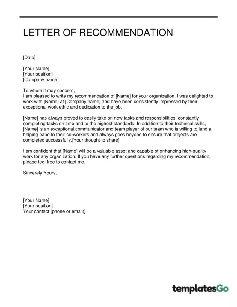 customized template of strong recommendation letter for employee