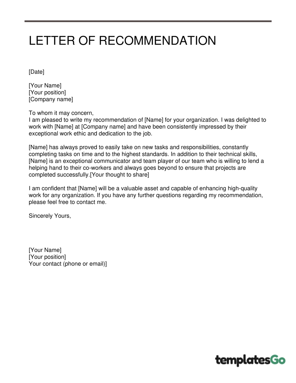 Best Templates Letter Of Recommendation For Employee