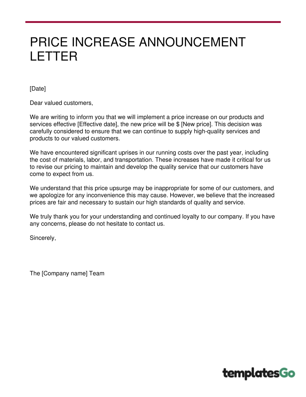 sample letter to inform customers of price increase
