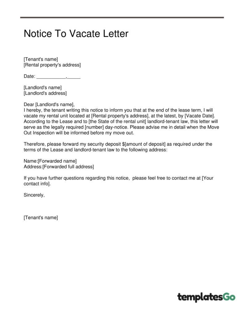 Notice to vacate letter from tenant Editable template