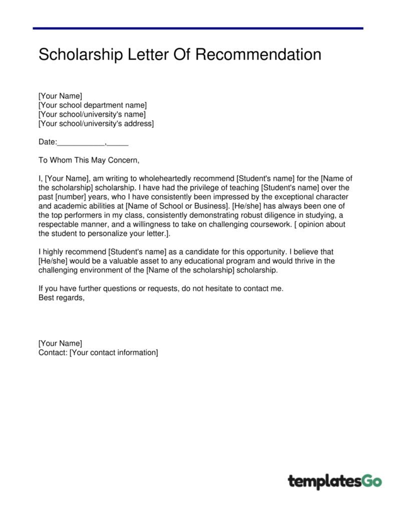 Scholarship Letter Of Recommendation for student template to edit