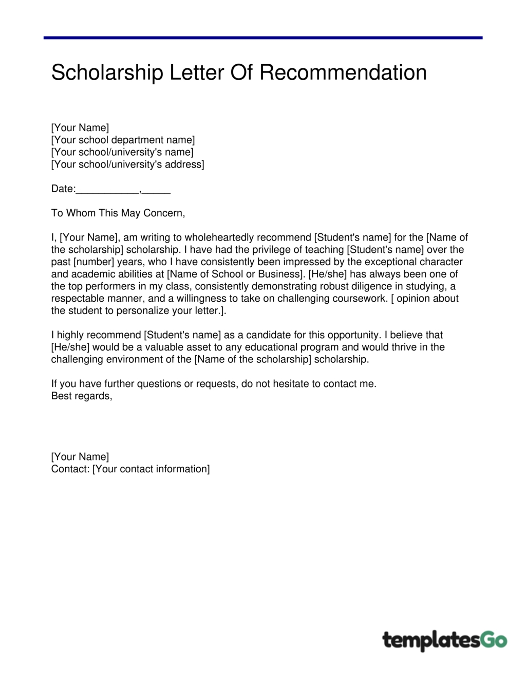 Best Templates Letter Of Recommendation For Student