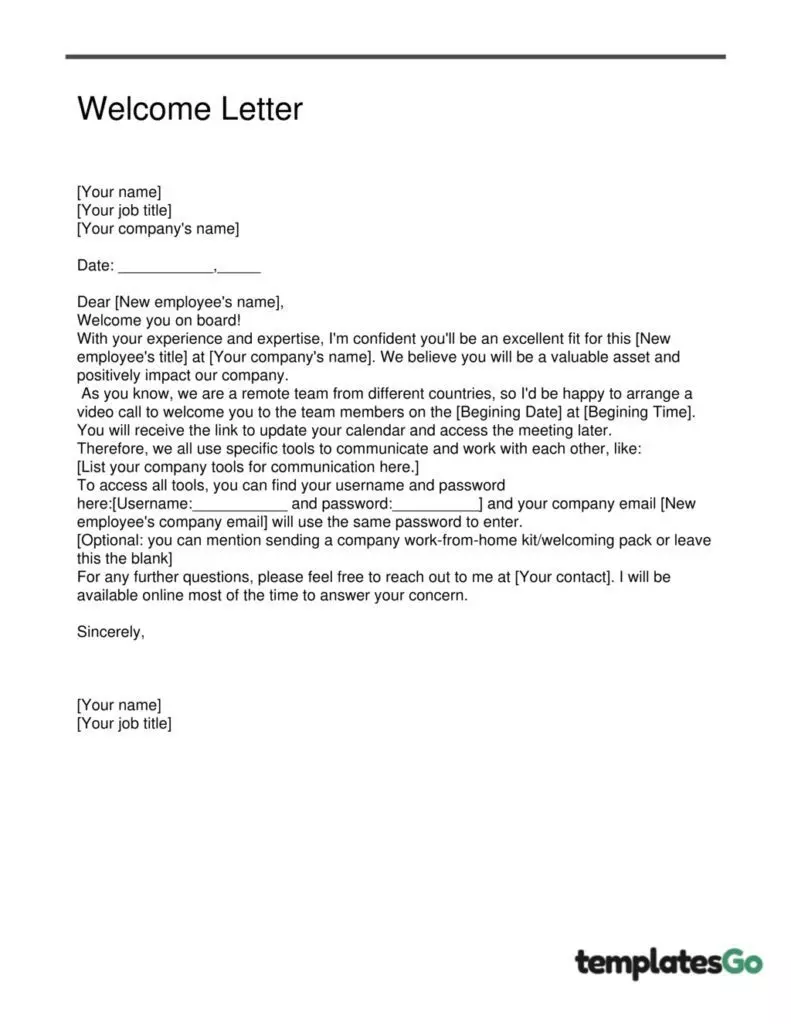 welcome letter to new remote employee 