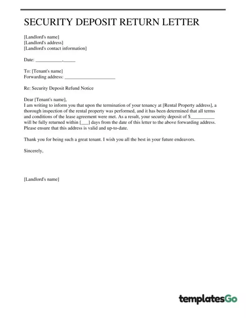 Fully Security Deposit Return Letter to the tenant's forwarding address editable template