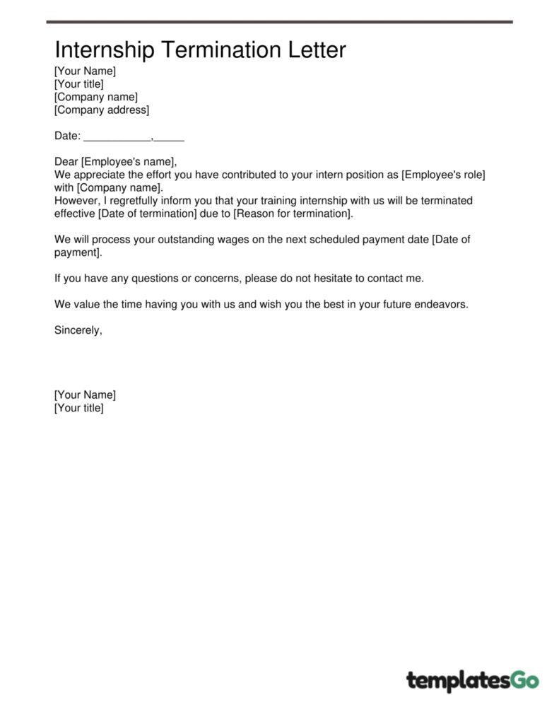 Internship termination letter ready to customize and download