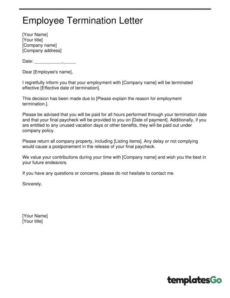 an editable template of employee termination letter for all kind of purpose