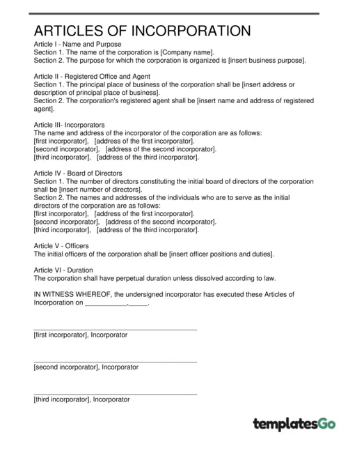 articles of incorporation editable Legal Business Documents template in 1 page, easy to customize