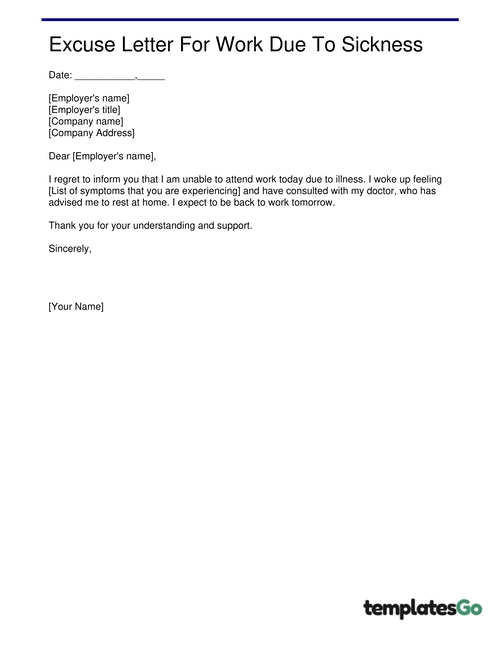 Excuse Letter For Work Due To Sickness editable template that you can edit in just a minute.