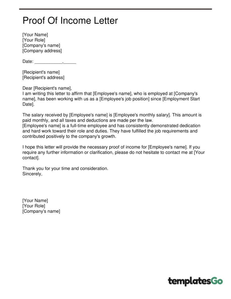 Editable proof of income letter template from employer