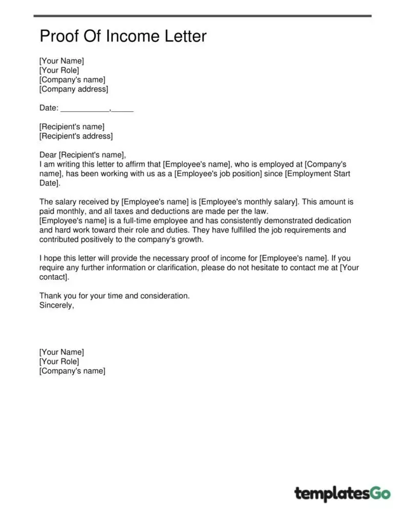 Editable proof of income letter template from employer