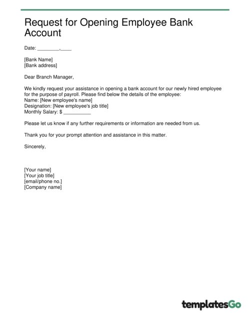 bank letter to request opening employee bank account editable template for HR or employer