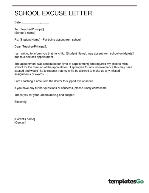 Excuse letter for school due to a doctor's appointment easy to customize template for quick results