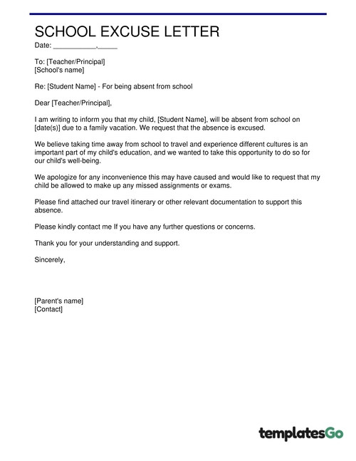 Easy customizes sample excuse letter for being absent in school due to travel