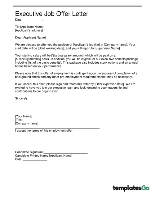 Executive Job Offer Letter template to customize in just a minute