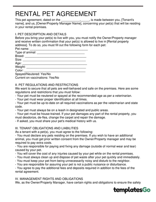 A Standard Rental Pet Agreement template to customize quickly