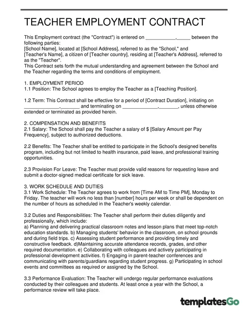teacher contract template easy to use and customize to meet your school's requirement