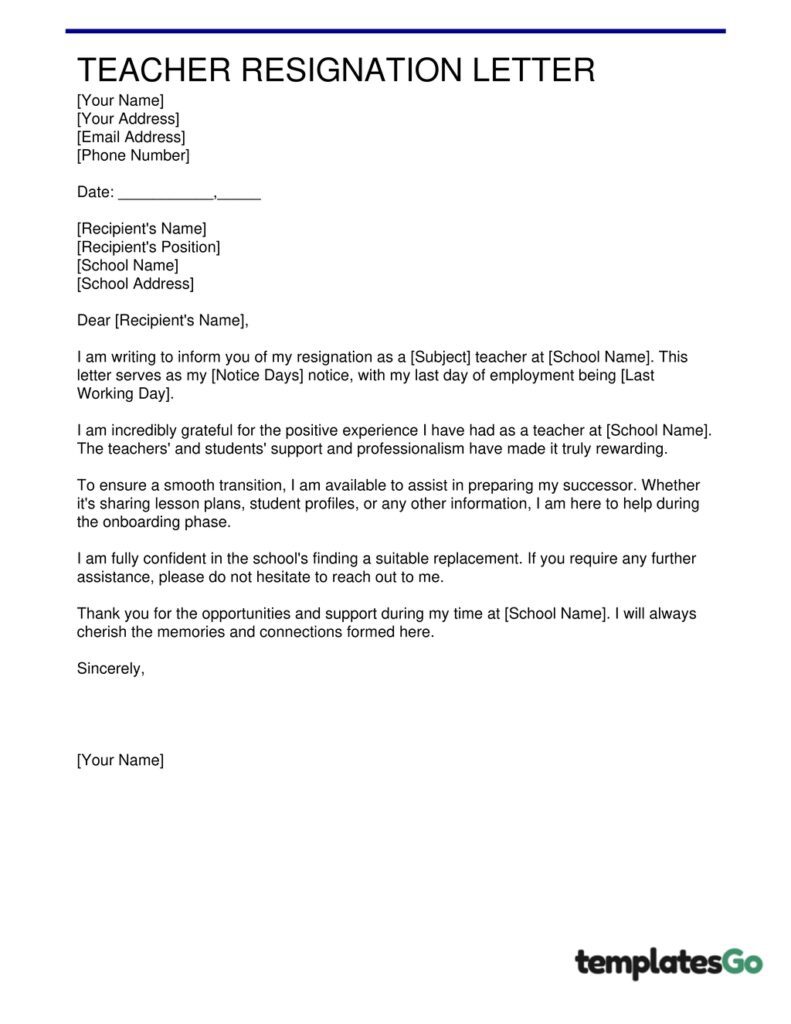 Teacher Resignation Letter Template you can edit in just a few clicks