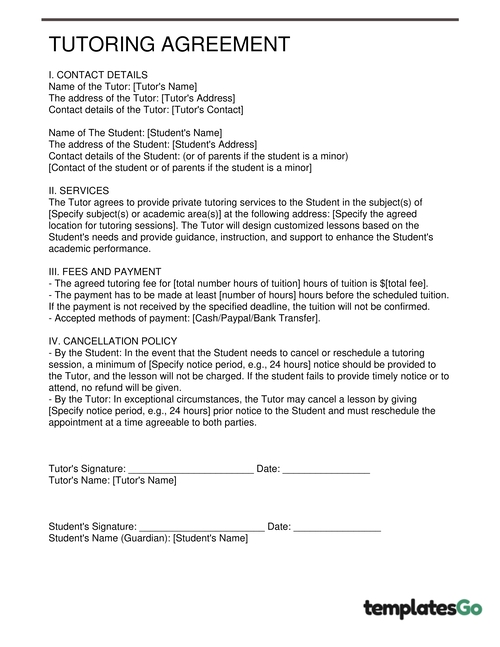 A simple tutor contract template which covers basic information needed in one page contract.