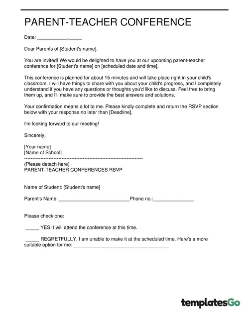 A editable template allows you to fill information in and edit this parent teacher conference letter