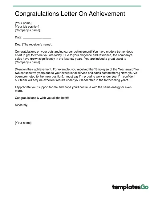 A sample congratulations letter on achievement to the Boss. The users can use this template to tailor their letter.