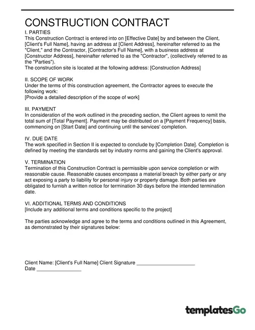 one page Simple construction agreement template to edit